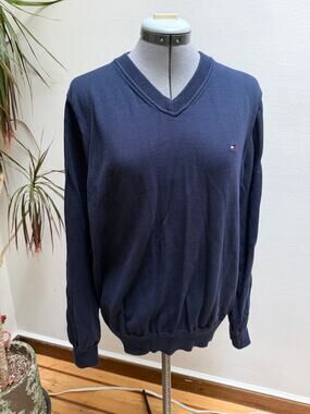 Tommy Hilfiger Navy Blue 100% Pima Cotton V-Neck Sweater